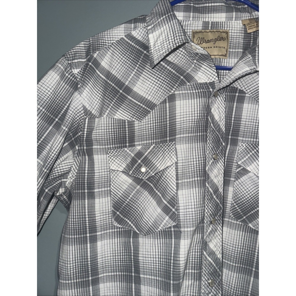 Vtg Wrangler Mens L Gray Plaid Western Shirt Pearl Snap Long Sleeve EUC - Picture 4 of 6